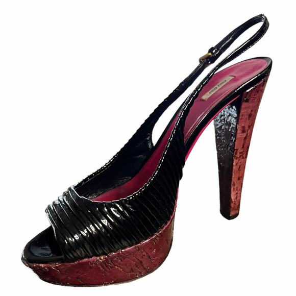 MIU MIU Black Patent Leather Sandals Peep Toe Sling Back Platforms Italy 38.5 - Picture 11 of 16